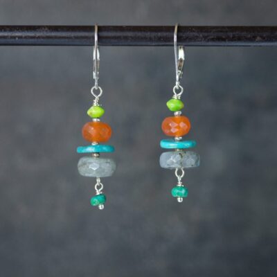 3 Shades of Turquoise, Carnelian and Labradorite Silver Earrings