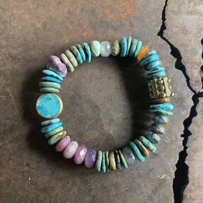 11mm Turquoise with Raw and Faceted Ruby Stretch Bracelet