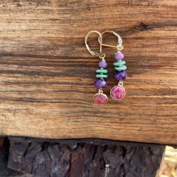 Gold Ruby Round with Charoite Earrings