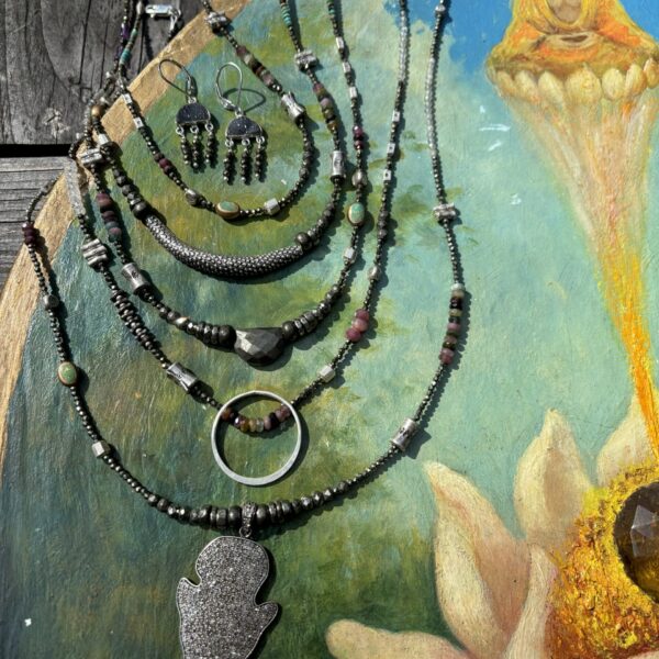 Silver Industrial Pyrite Necklace with Spotted Bar