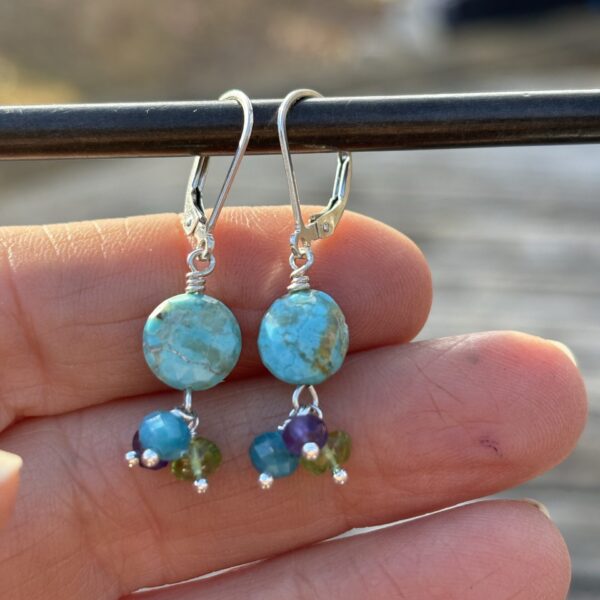 Sale Round Turquoise Earrings with Colorful Drops #517