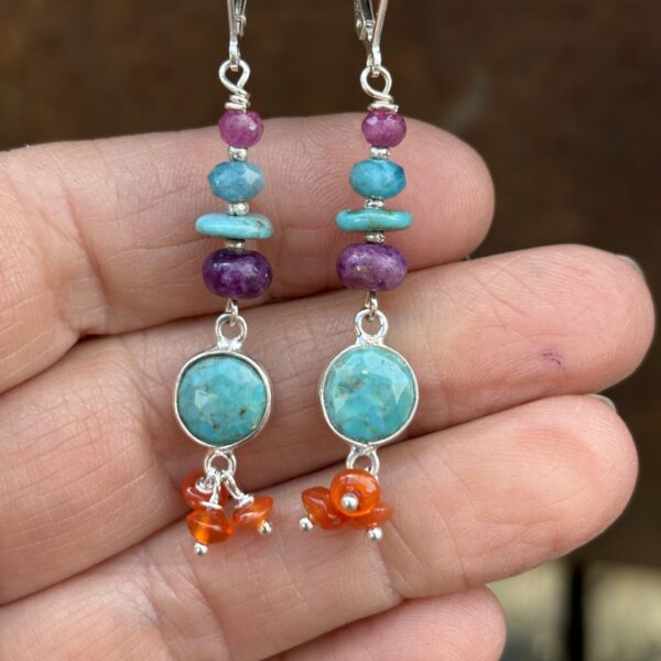 Sale Turquoise Round with Carnelian Drops Silver Earrings #529