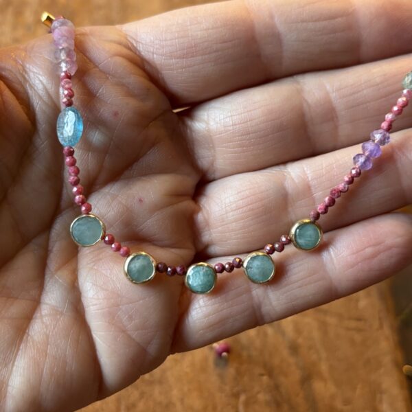 Thulite and Amazonite Five Portholes Gold Necklace