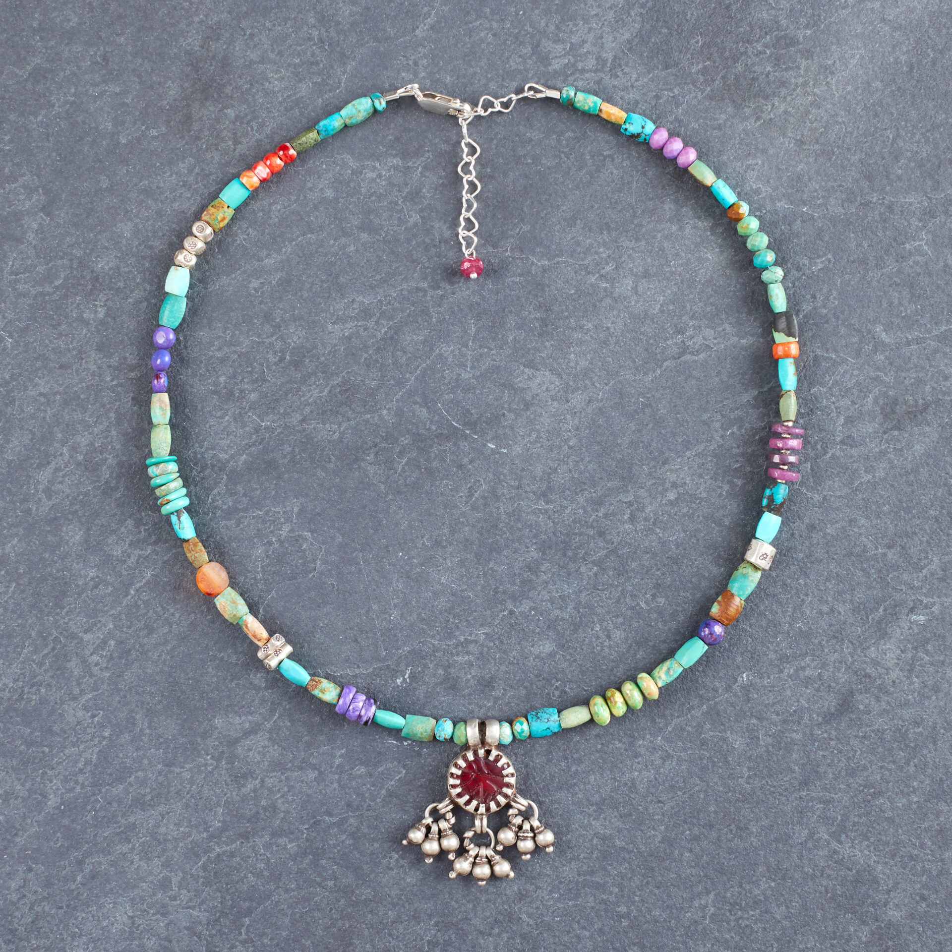 It's All About Me Turquoise Silver Necklace with Old Indian Red Glass Pendant