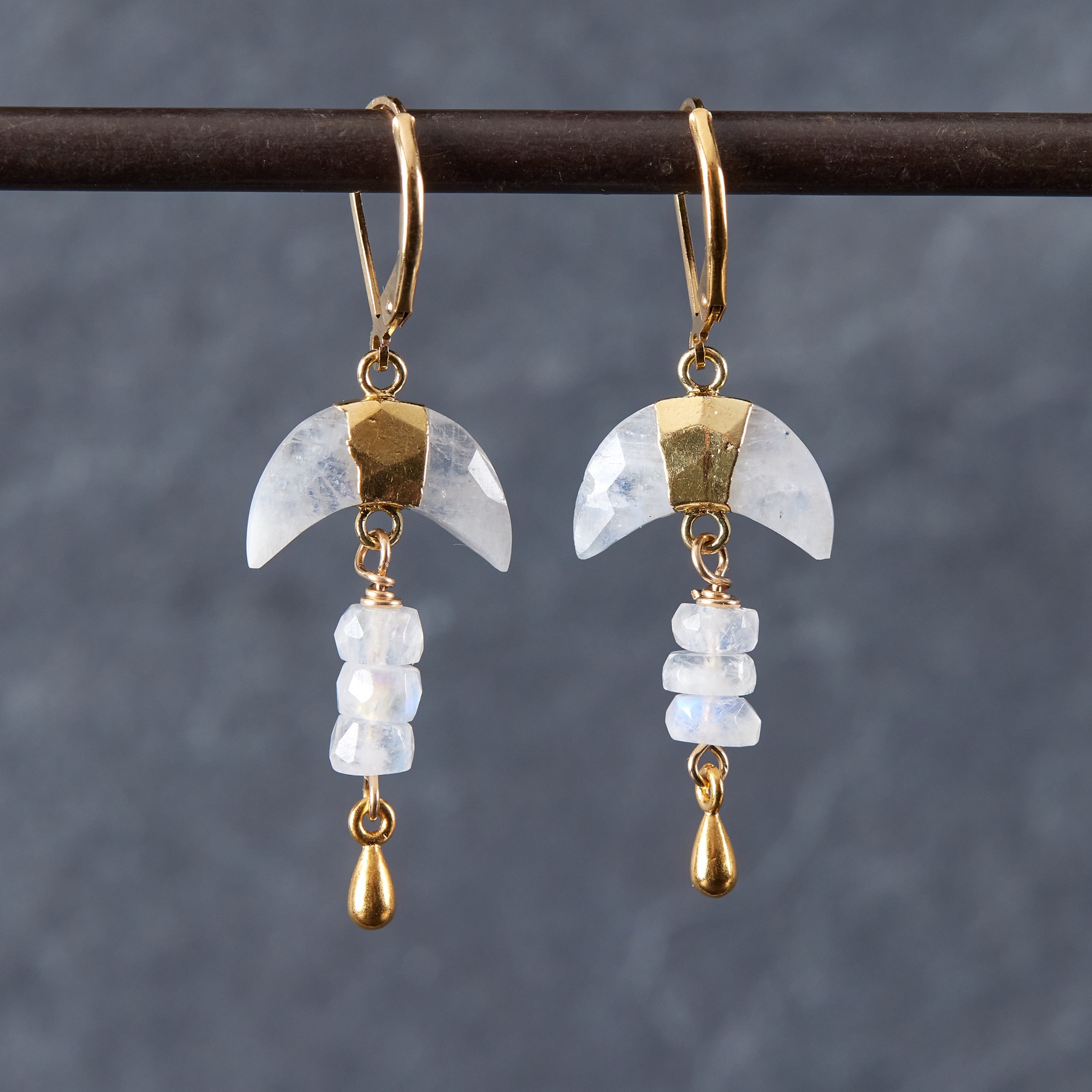 Moonstone Crescent Large Gold Earrings