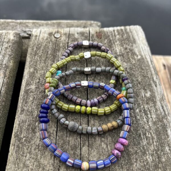 Men's Java Glass Blue Striped Stretch Bracelet