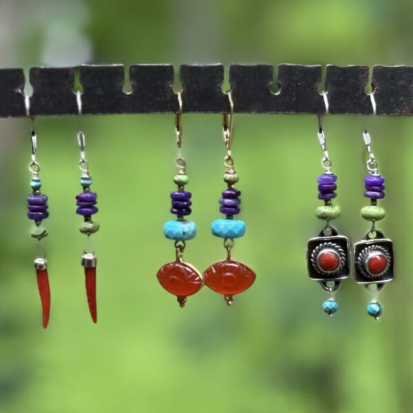 One of a Kind Carnelian Eye with Gaspeite, Sugilite, Turquoise Gold Earrings