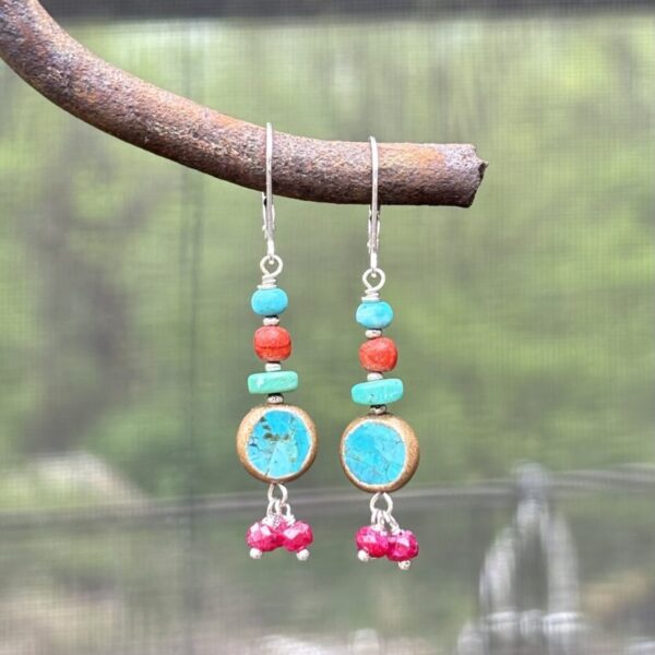 Turquoise and Apple Coral with Ruby Earring Silver