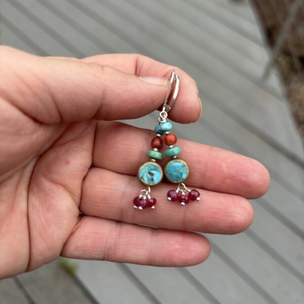 Turquoise and Apple Coral with Ruby Earring Silver