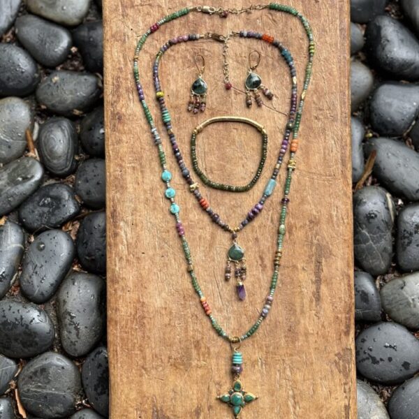 Ruby, Sapphire, Roman Glass Tube Bead Gold Necklace with  Emerald and 130Amethyst Point Pendant