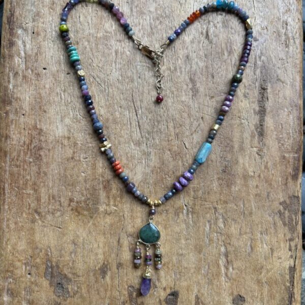 Ruby, Sapphire, Roman Glass Tube Bead Gold Necklace with  Emerald and 130Amethyst Point Pendant