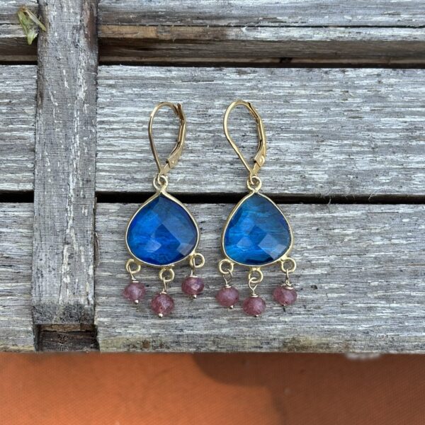 Blue Topaz and Pink Tourmaline Gold Earrings