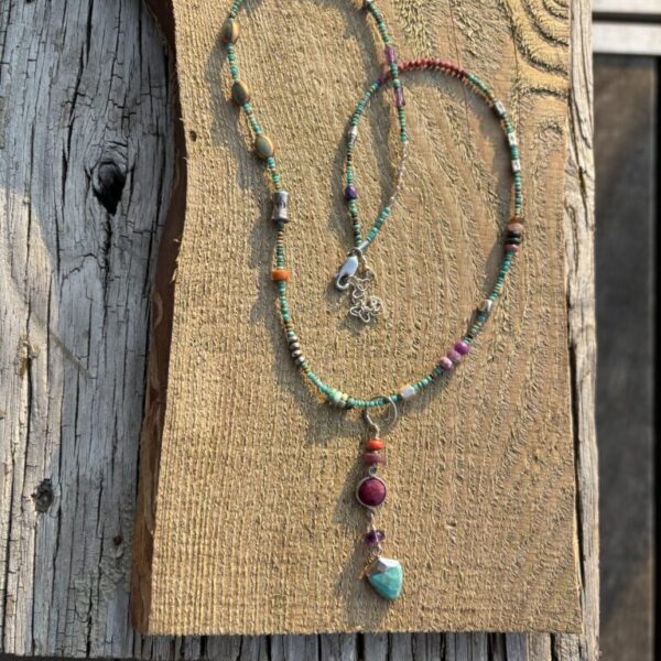 Turquoise Colorful Industrial Silver Necklace with Turquoise Shield Pendant