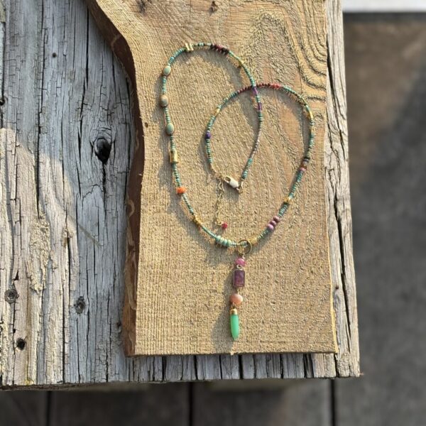Turquoise Colorful Gold Industrial Necklace with Chrysoprase Point Pendant