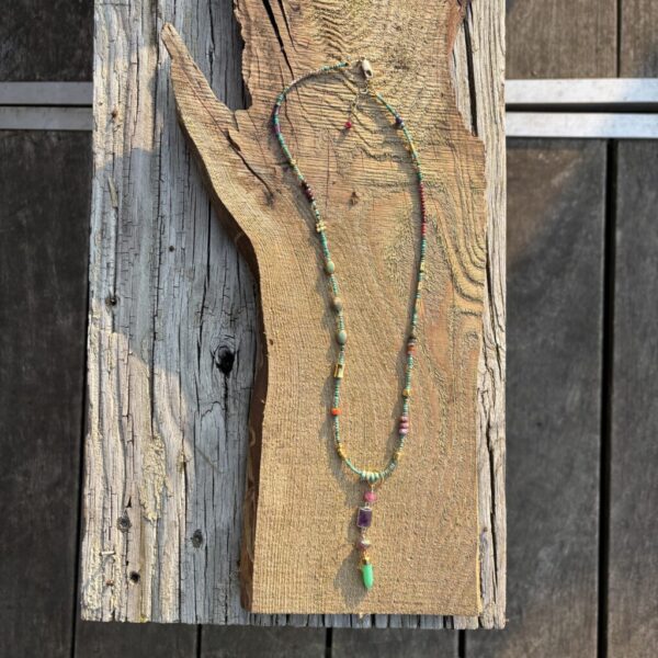 Turquoise Colorful Gold Industrial Necklace with Chrysoprase Point Pendant