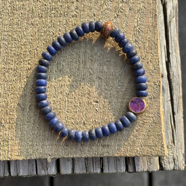 Lapis Bracelet with Purple Turquoise Round Bead and a Tibetan Coral Bead