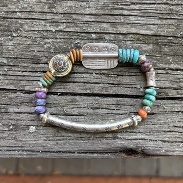 Large Rectangle Thai Silver Bead with Wooly Mammoth and Round Tibetan Bead