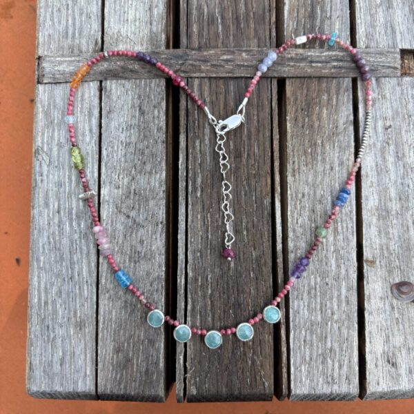 Thulite and Amazonite 5 Porthole Silver Necklace