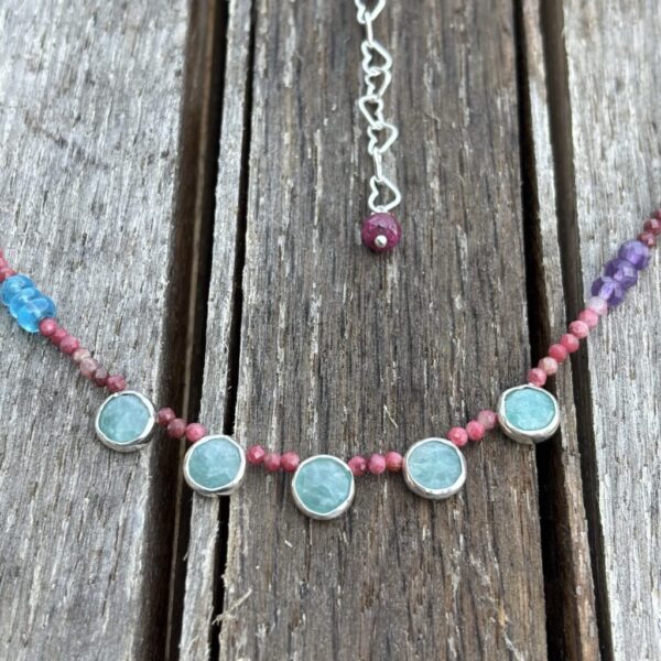 Thulite and Amazonite 5 Porthole Silver Necklace
