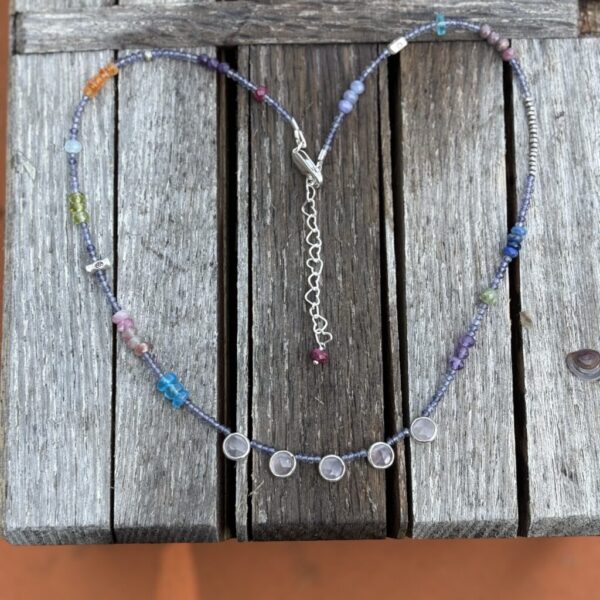 5 Porthole Iolite and Rose Quartz Silver Necklace