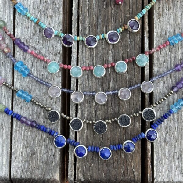 5 Porthole Iolite and Rose Quartz Silver Necklace