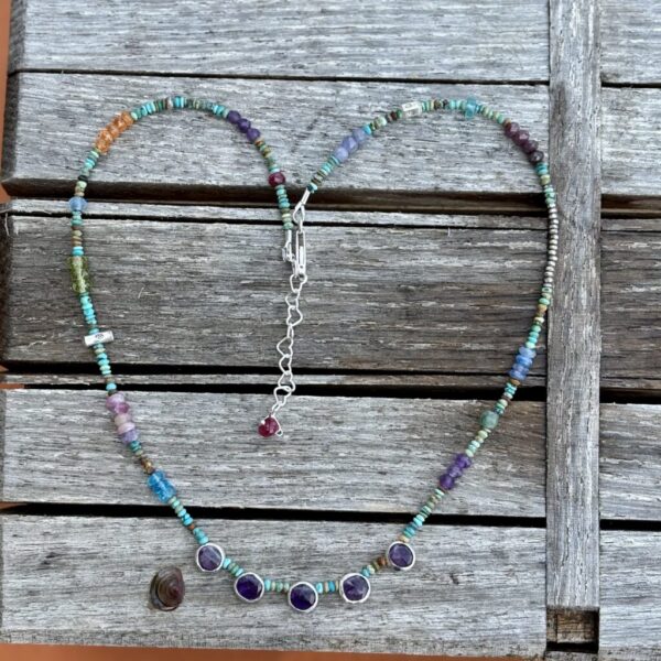 5 Porthole Turquoise And Amethyst Silver Necklace