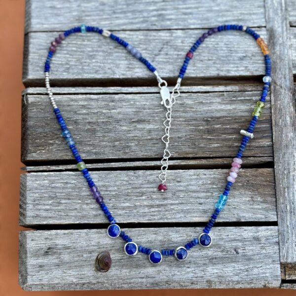Lapis 5 Porthole Silver Necklace