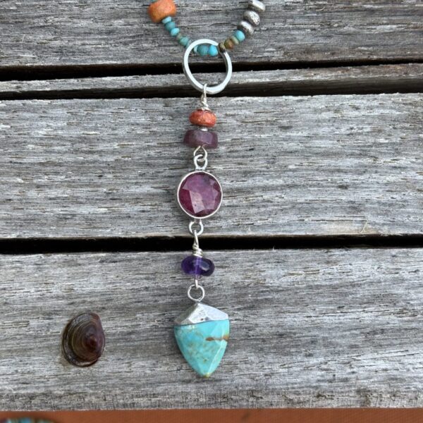 Turquoise Colorful Industrial Silver Necklace with Turquoise Shield Pendant