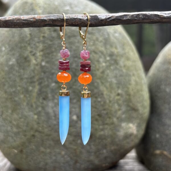 Long Chalcedony Point Gold Earrings
