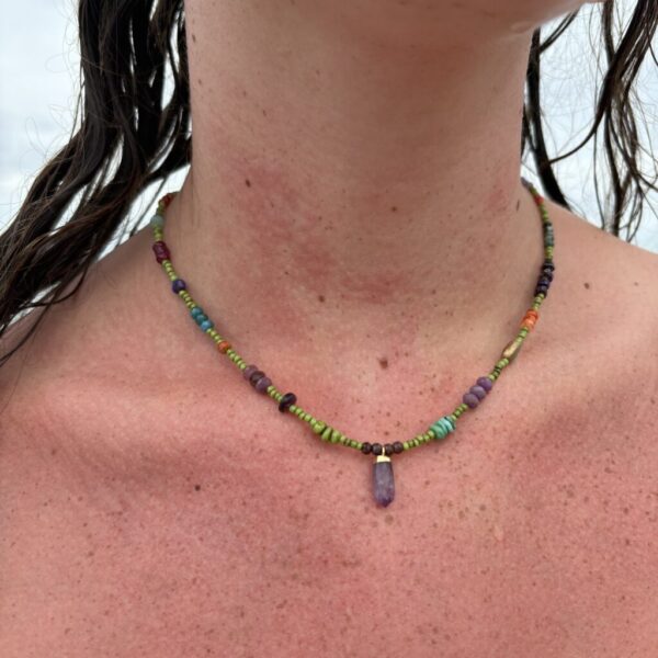 The Reagan Green Seed Bead with Amethyst Point gold Necklace
