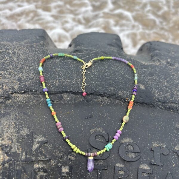 The Reagan Green Seed Bead with Amethyst Point gold Necklace