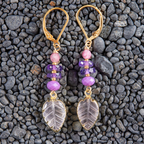 Rose Quartz Leaf Gold Earrings