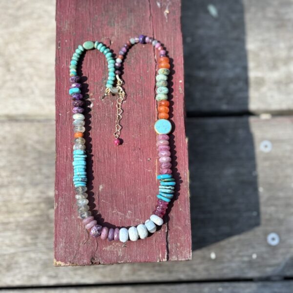 Raw Ruby with Faceted and Ruby Tyres Gold Necklace