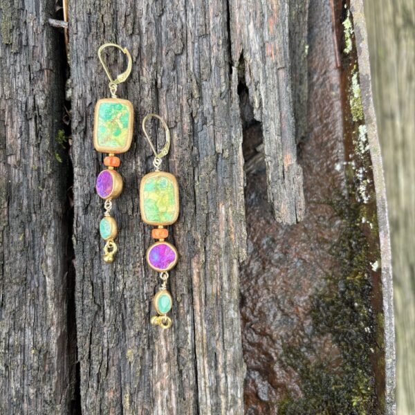 Super Long Green Turquoise Rectangle Earrings in Gold