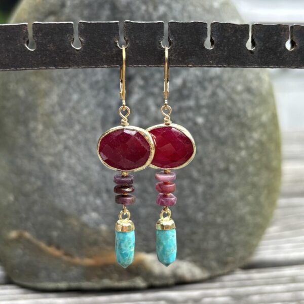 Ruby Oval with Turquoise Point Golden Earrings