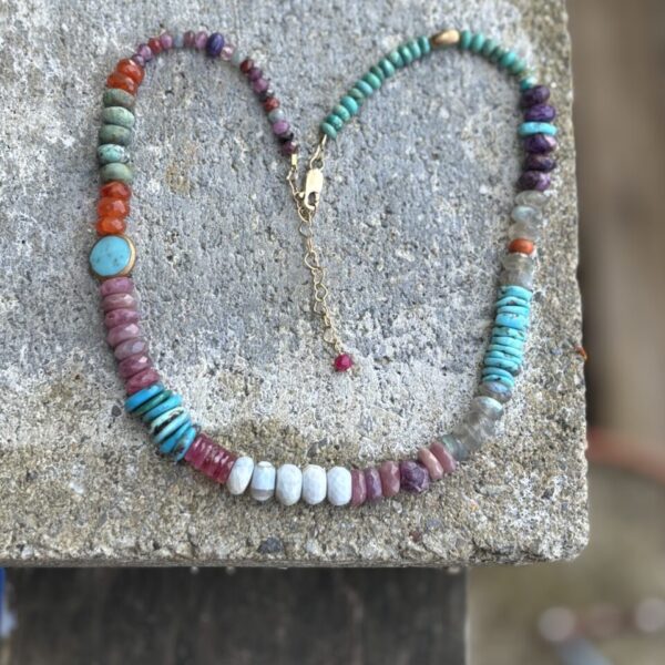 Raw Ruby with Faceted and Ruby Tyres Gold Necklace