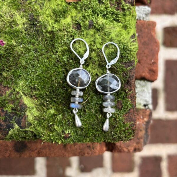 Labradorite Oval with Long Drop Silver Earrings
