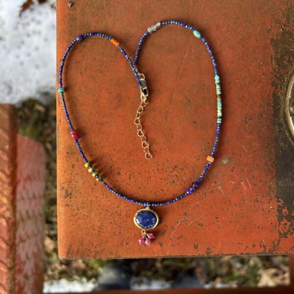 Lapis Necklace with Lapis Oval Pendant and 3 Ruby Dangles