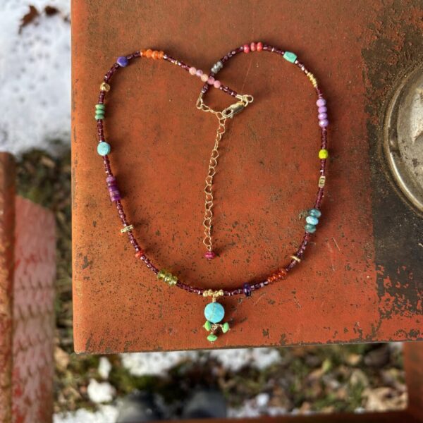 Garnet Cube Gold Necklace with Round Turquoise Pendant