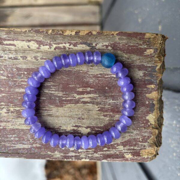 Tanzanite Colored Jade Bracelet with African Blue Glass Bead
