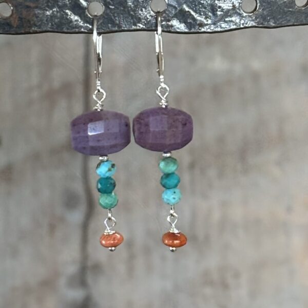 Lepidolite Ovals Turquoise and Apple Coral Silver Earrings