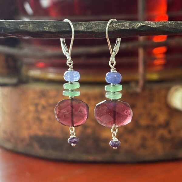Garnet Oval Earrings with Jade, Chrysoprase and Lepidolite Silver Earrings