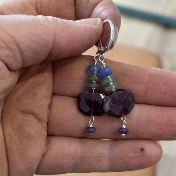 Garnet Oval Earrings with Jade, Chrysoprase and Lepidolite Silver Earrings