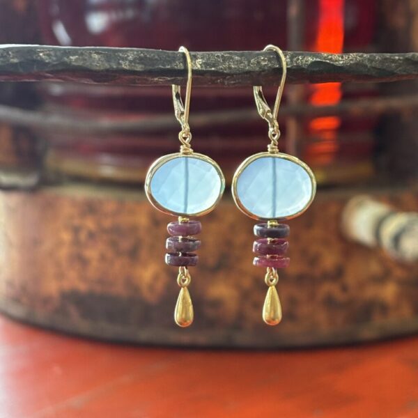 Chalcedony Oval with Ruby and a Long Golden Raindrop