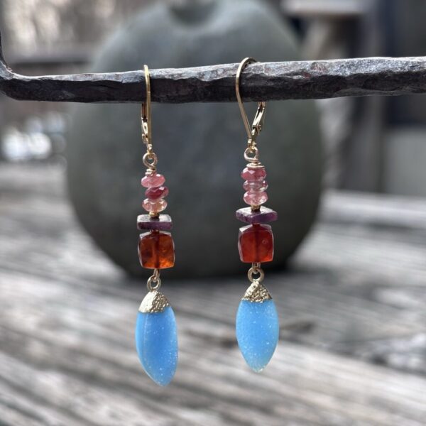 One of a kind Garnet and Chalcedony Drop Gold Earrings