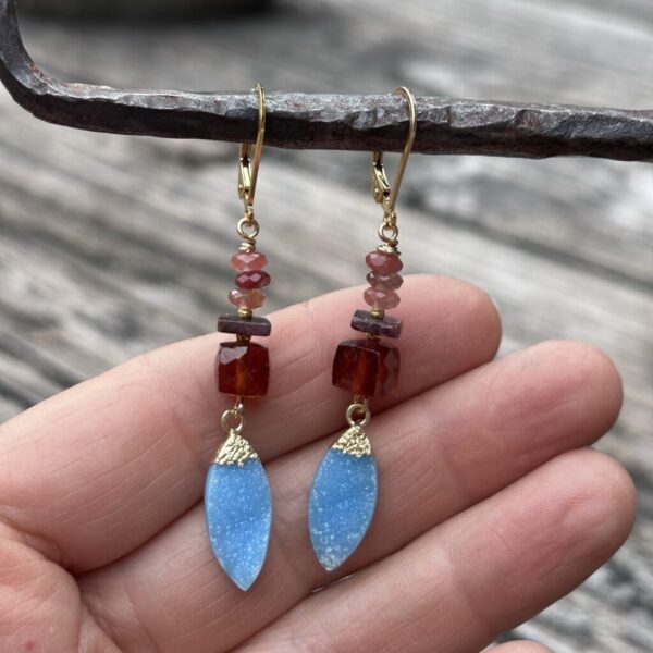 One of a kind Garnet and Chalcedony Drop Gold Earrings