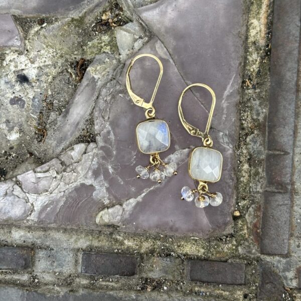 Small Square Gold Rainbow Moonstone Earrings Gold