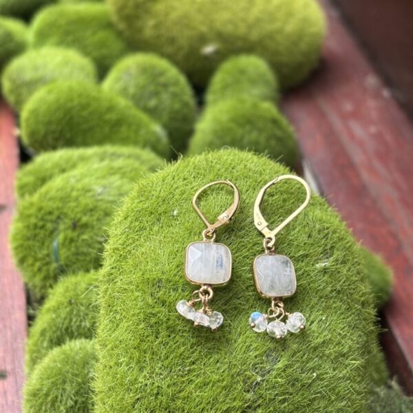 Small Square Gold Rainbow Moonstone Earrings Gold