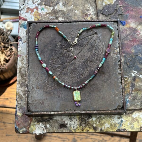 Tiddlywink Necklace with Green Turquoise Rectangle and Phosphosiderite Dangles