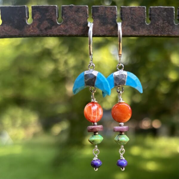 Turquoise Crescent and Spiny Oyster Shell Silver Earrings
